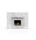 Light gray marble fireplace mantel with recessed black firebox and visible flame