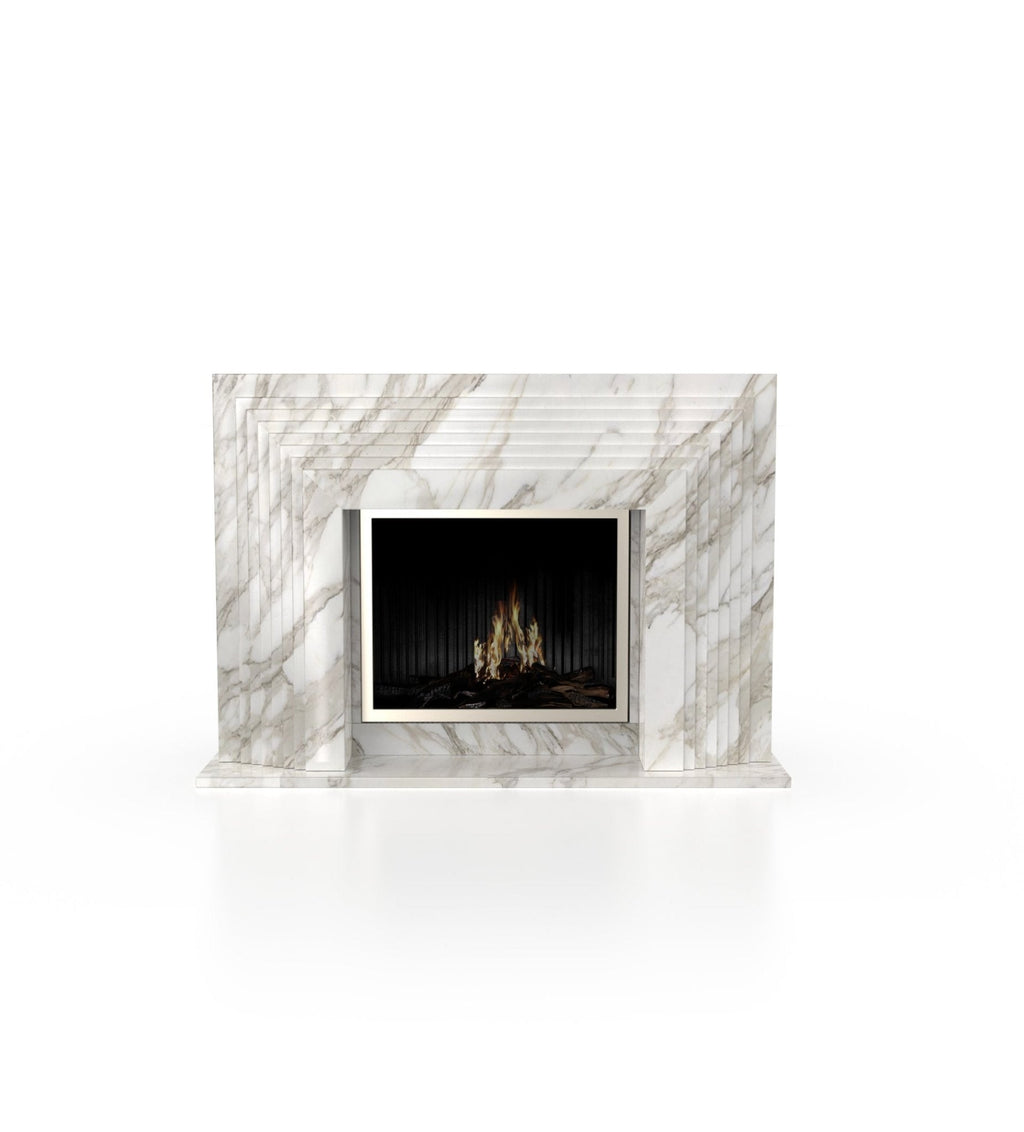Light marble fireplace surround with inset black firebox and flames visible in opening