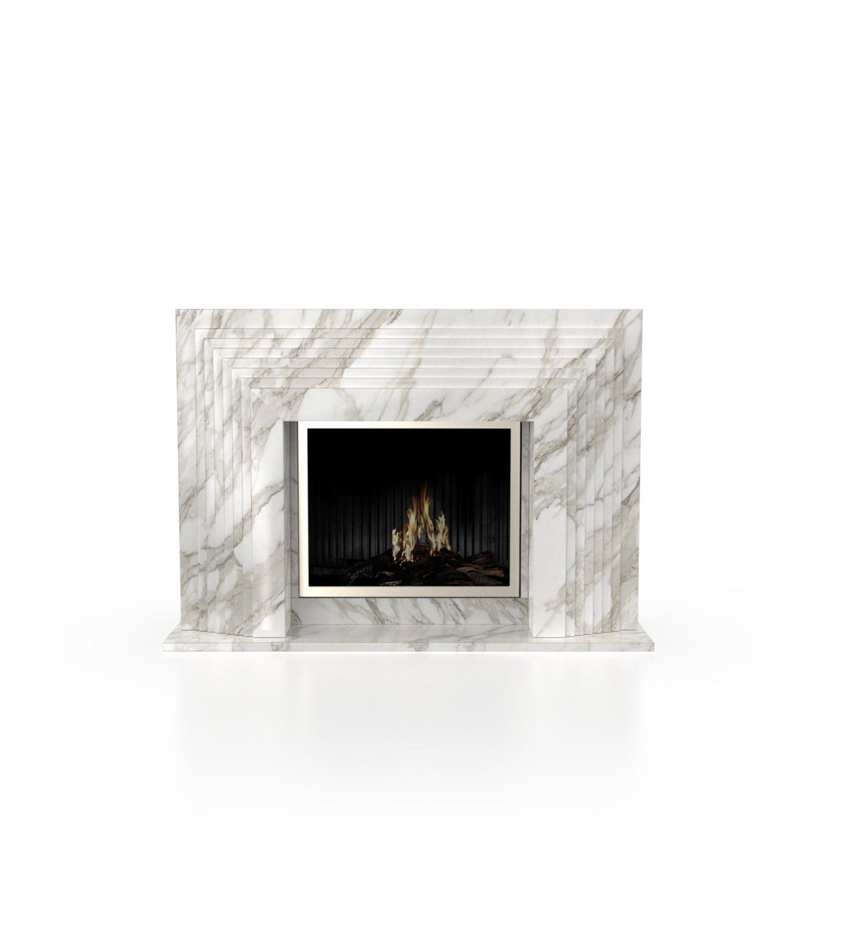 Light marble fireplace surround with inset black firebox and flames visible in opening