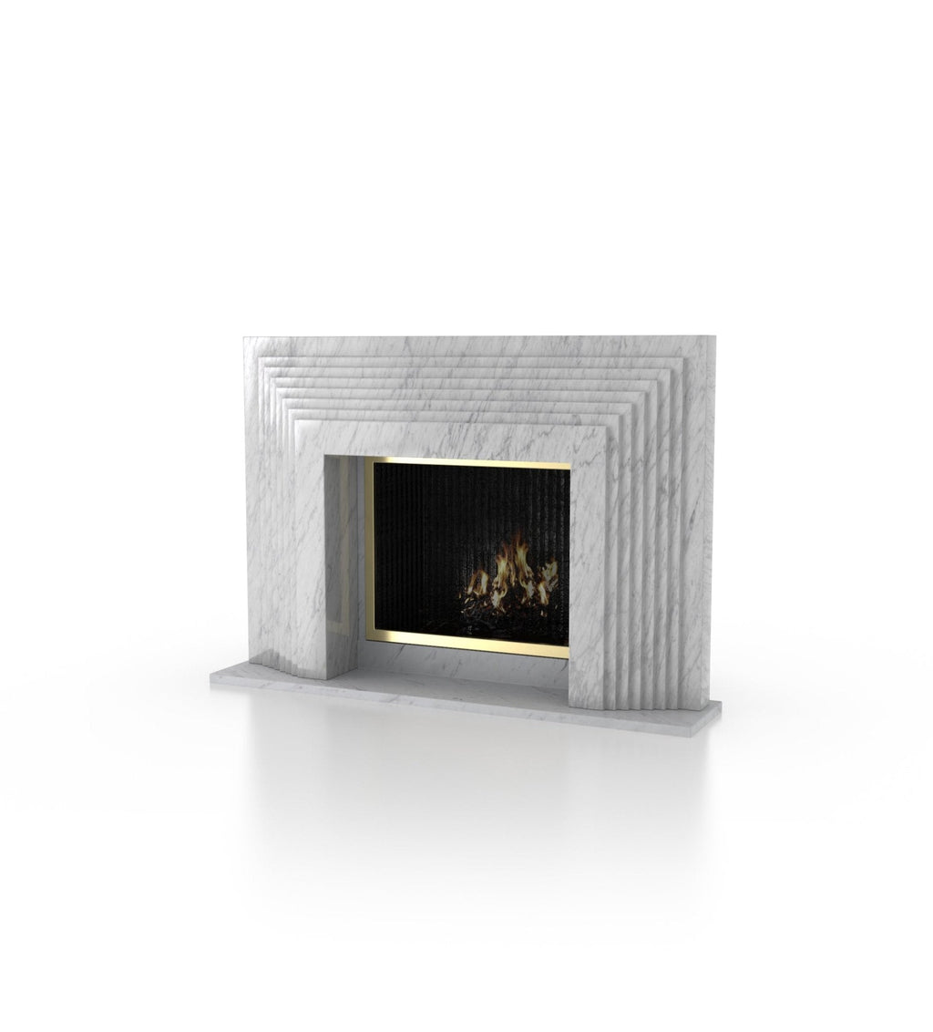 Marble fireplace with geometric surround and black firebox, flames visible in opening