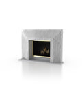 Marble fireplace with geometric surround and black firebox, flames visible in opening