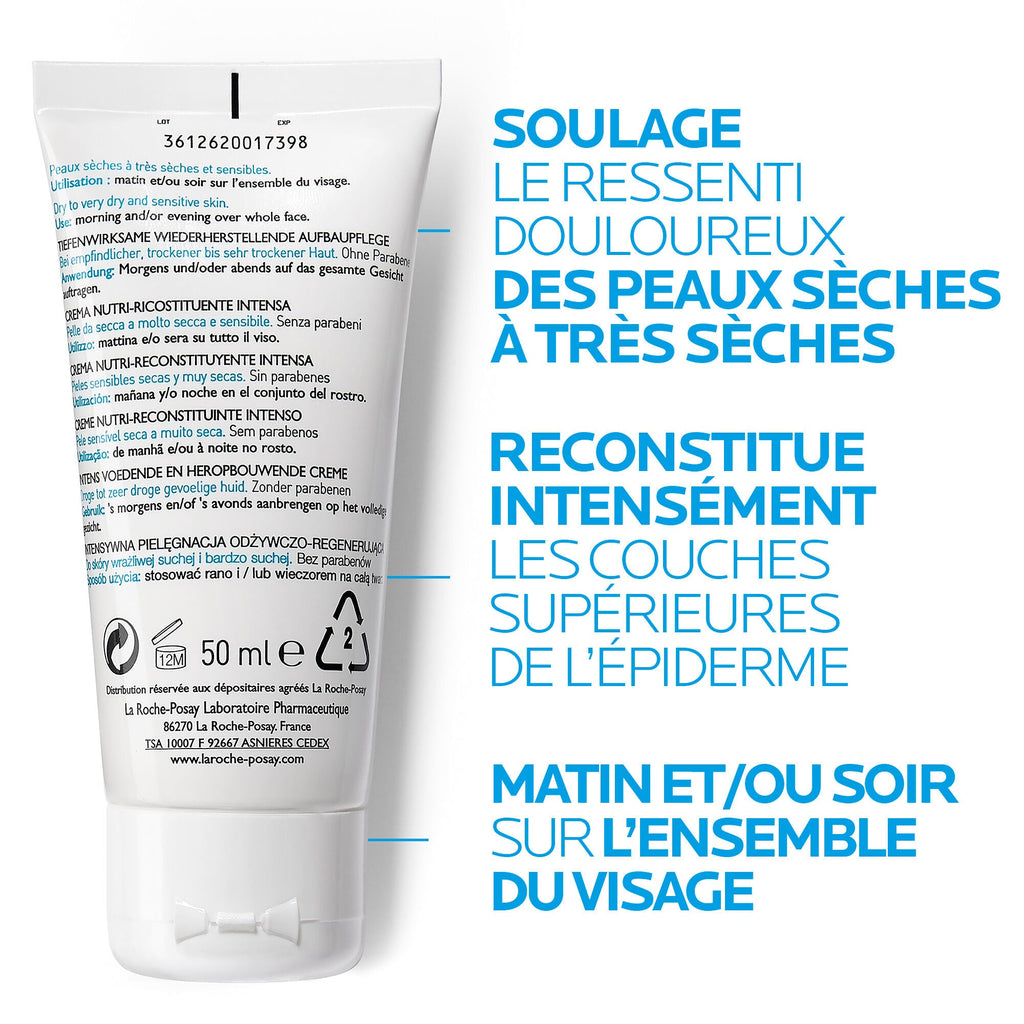 La Roche-Posay Nutritic Intense face cream back label on white squeeze tube.