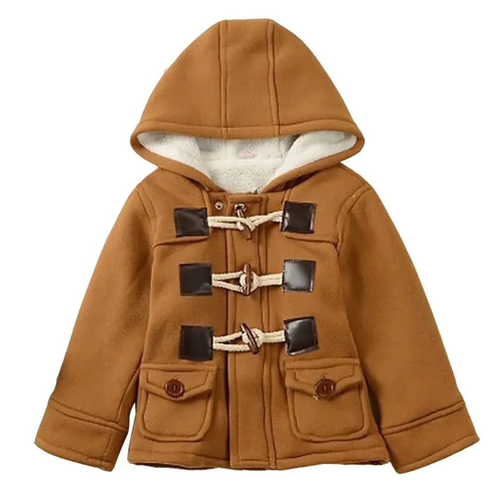Toddler boys brown hooded winter coat jacket with drawstring toggle front and pockets