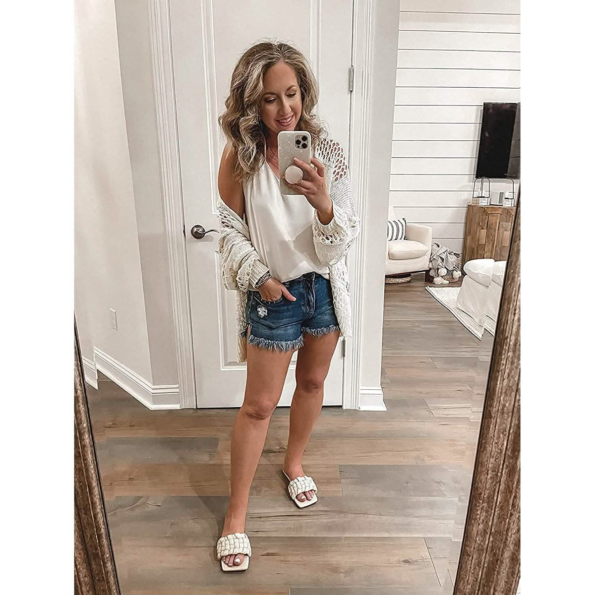 White crochet cardigan sweater with open front and long sleeves
