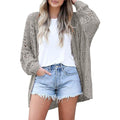 Gray crochet cardigan sweater with open front and long sleeves
