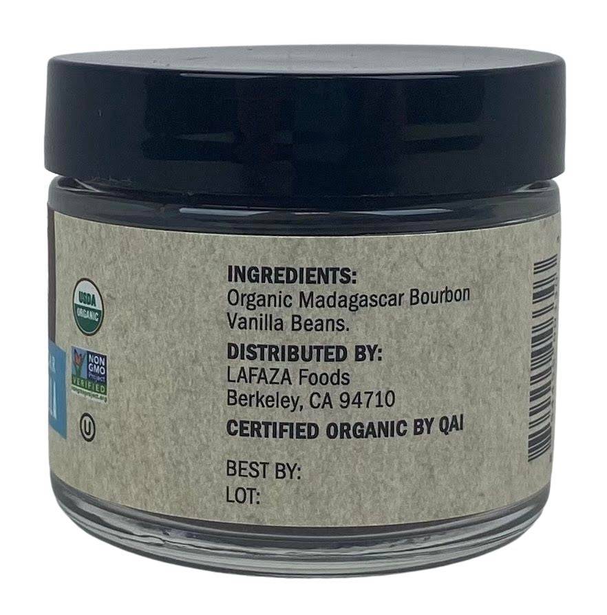 Organic ground vanilla jar back label with ingredients and certified organic info, 1 oz