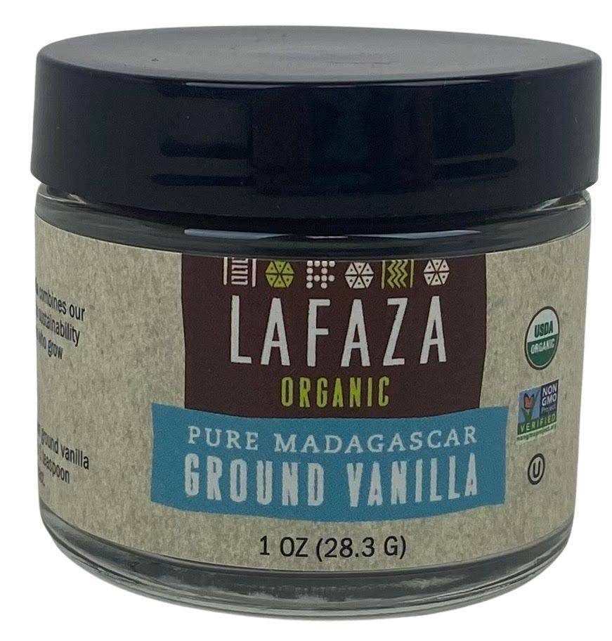 Organic ground vanilla in black-lid glass jar with front label, 1 oz (28.3 g)