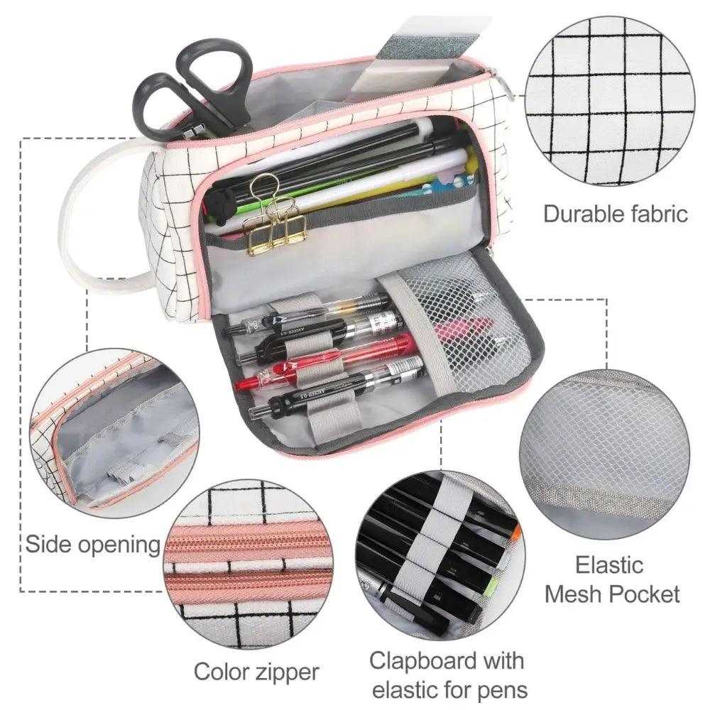 Large-capacity grid pencil case with color zipper, elastic mesh pocket and pen holder clips.