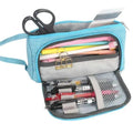 Large-capacity blue pencil case with open front, mesh pocket, and gold pen clips.
