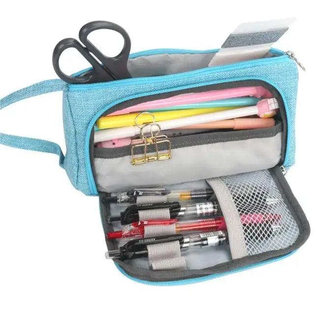 Large-capacity blue pencil case with open front, mesh pocket, and gold pen clips.