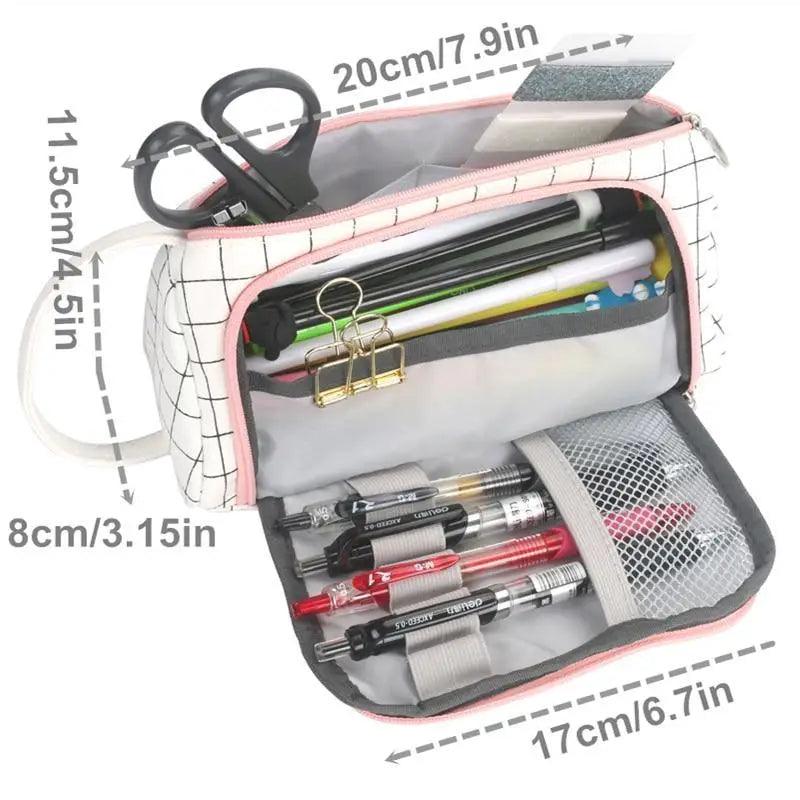 Large-capacity pencil case with grid pattern, pink trim, open top, mesh pocket inside.