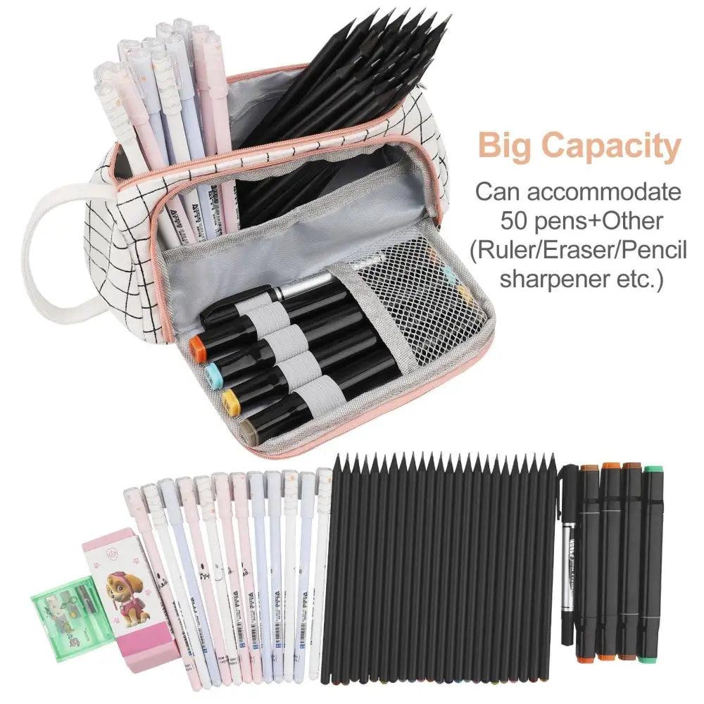 Large-capacity pencil case open with many pencils and markers, front mesh pocket.