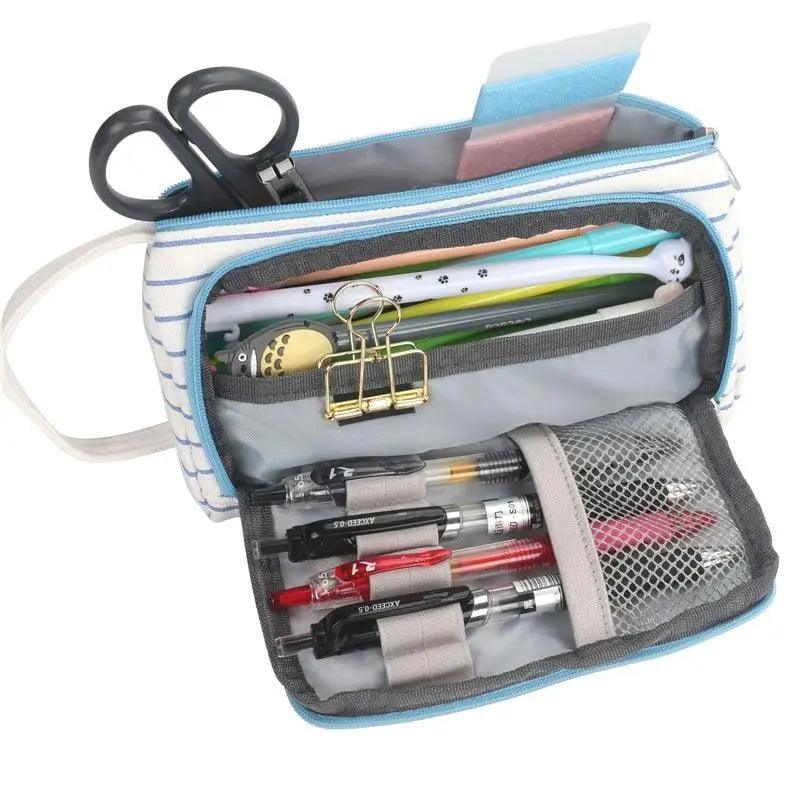 Large-capacity light blue pencil case open, with mesh pocket and gold pen clips.