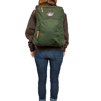 Olive green backpack worn by person from behind with zip details