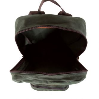 Open olive green backpack showing brown-lined inner compartments