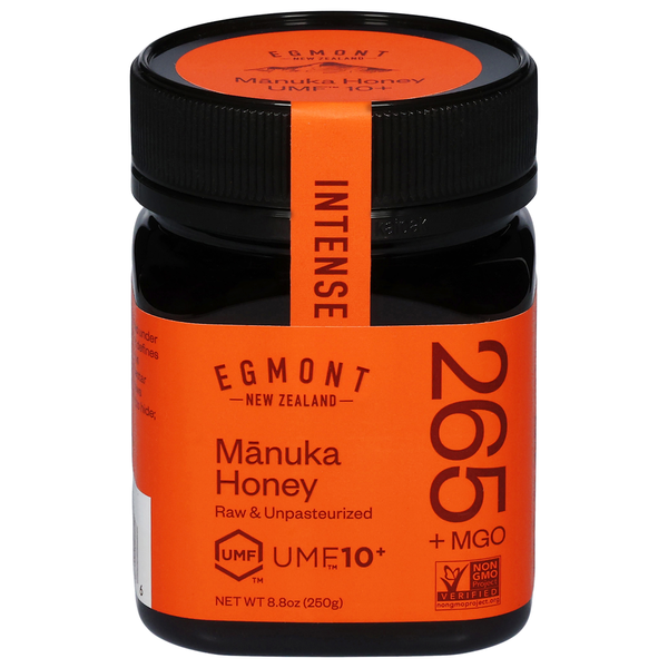 Jar of intense Manuka honey, 250 g, black lid and orange label