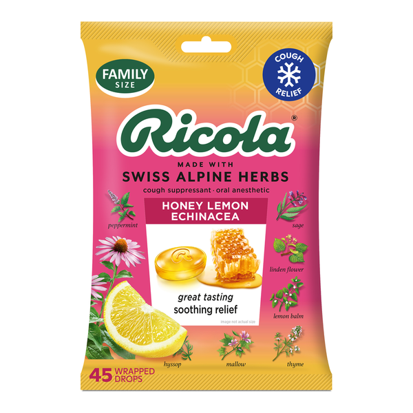 Honey lemon echinacea cough drops bag, yellow family size pack