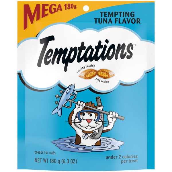 Cat treat pouch with tuna flavor front graphic and white cat in astronaut helmet
