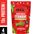 Crunchy roasted edamame snack bag, sriracha flavor, red packaging