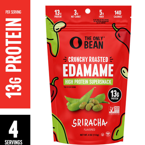 Crunchy roasted edamame snack bag, sriracha flavor, red packaging
