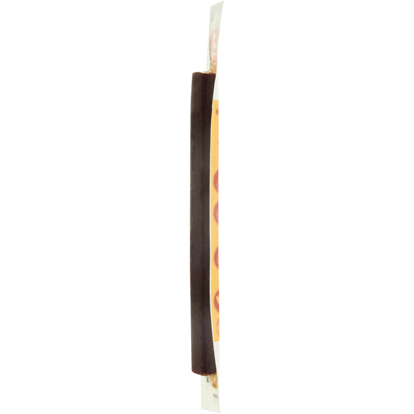 Hickory-smoked hot turkey stick, dark brown, sealed in clear packaging