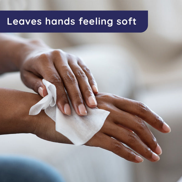 Hand wipe sheet from antibacterial wipes canister, wiping hands