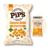 Pip's cheddar cheese balls snack bag with cheese ball graphic and label