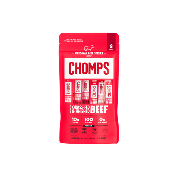 Chomps Original Beef Sticks pouch, red package front with 8 count label