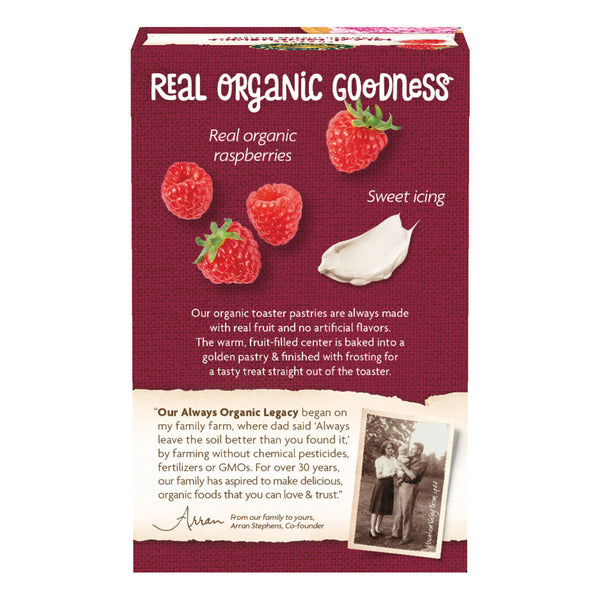 Toaster pastries back panel with real organic goodness text and raspberry berry icons