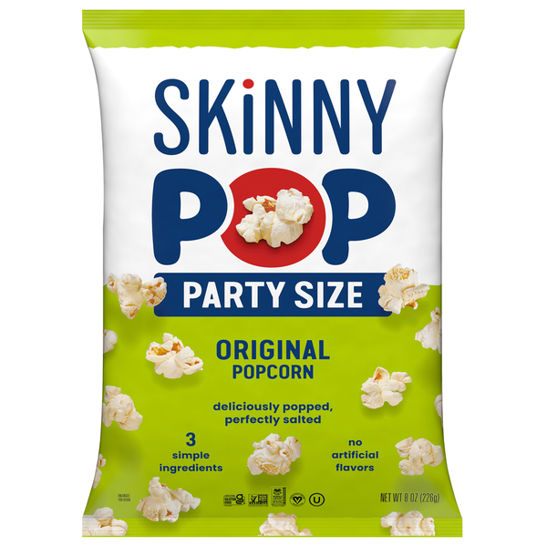 Skinny Pop Party Size Original popcorn bag, white and green with blue branding
