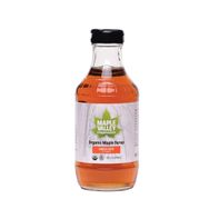 Amber organic maple syrup bottle with label and screw cap