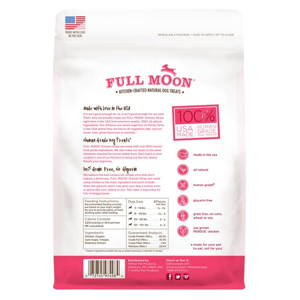 Full Moon chicken strips dog treat pouch, back panel with ingredient and feeding info