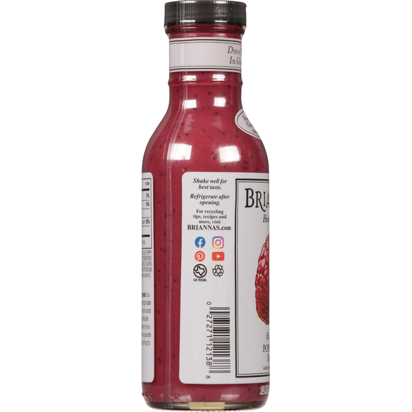 Raspberry poppy seed dressing bottle with side label, barcode, and icons