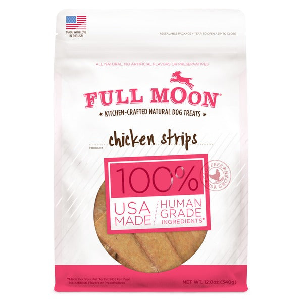 Full Moon chicken strips dog treat pouch with visible brown treat pieces