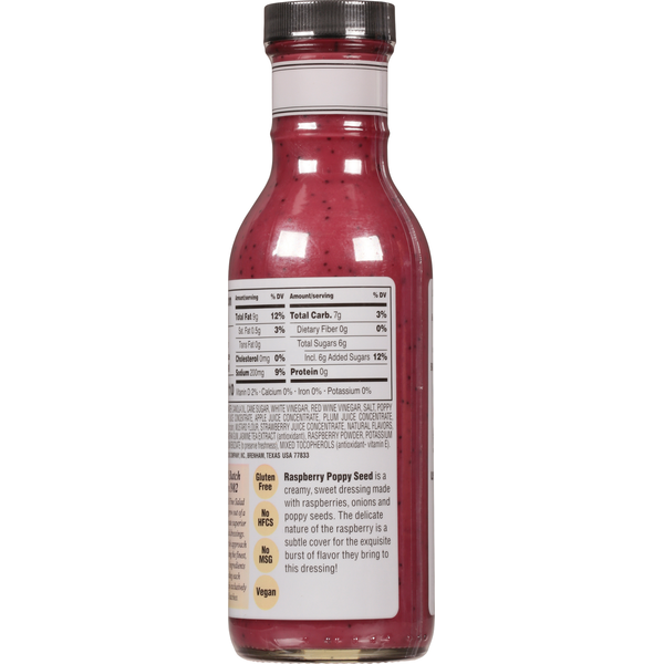 Raspberry poppy seed dressing bottle with ingredients and nutrition text panel on back