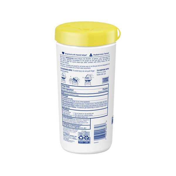 Antibacterial hand wipes canister, white back with ingredient and usage information
