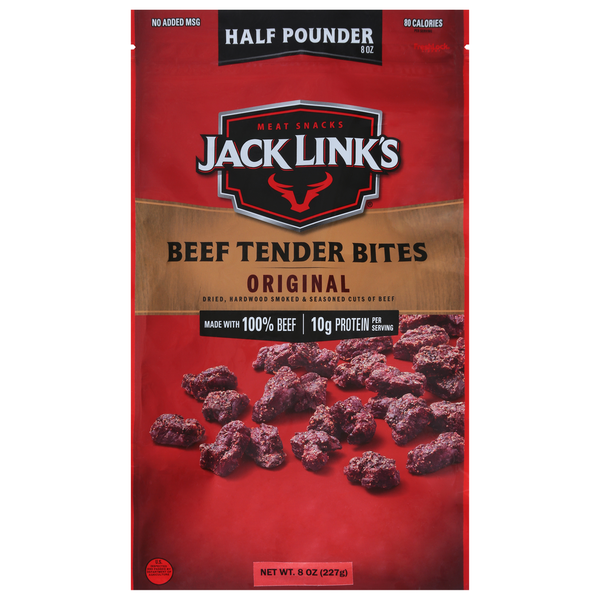 Jack Link's Original Beef Tender Bites meat snack pouch, red with beef bites graphic