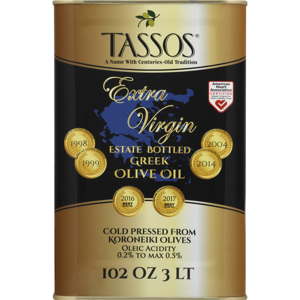 Tassos extra virgin estate bottled Greek olive oil can, cold pressed, 102 oz