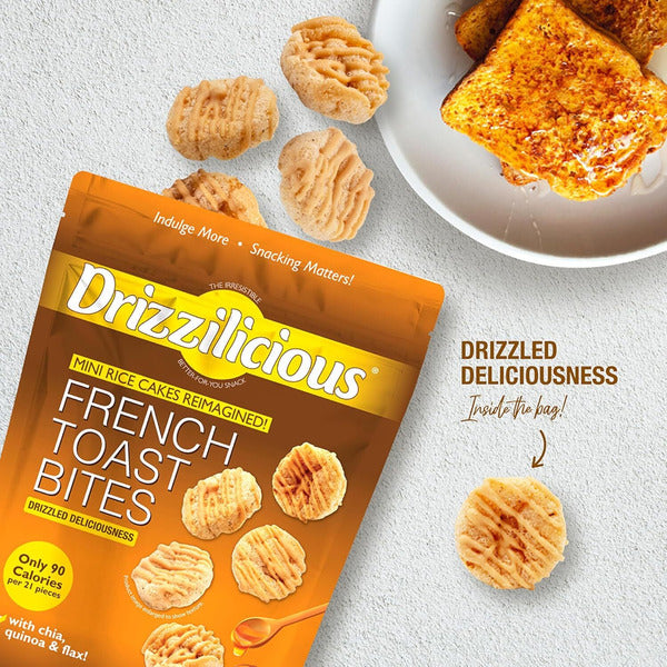 French toast mini rice cake bites shown with product pouch and plate