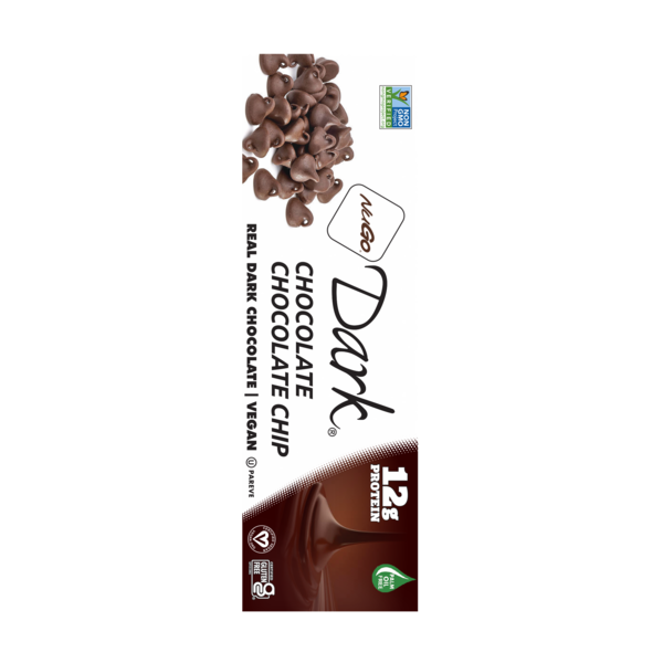 NuGo Dark chocolate chip vegan protein bar wrapper, 12g protein