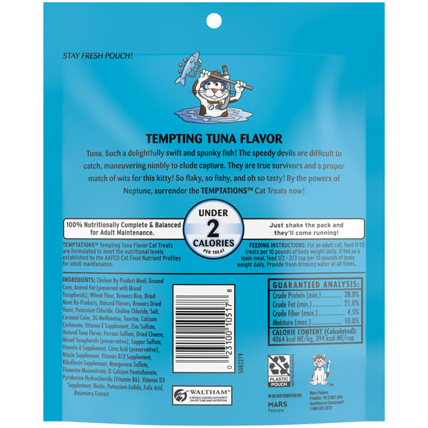 Cat treat pouch back with nutrition facts panel, barcode, and blue background