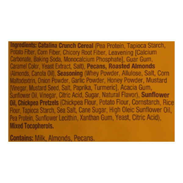 Ingredients panel for honey mustard protein snack mix with allergen statement