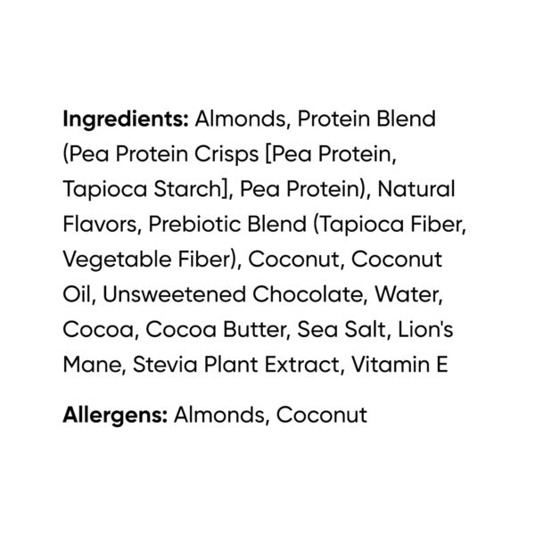 Protein bar ingredients list: almonds, protein blend, natural flavors, coconut, cocoa, salt