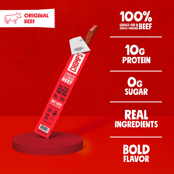 Chomps Original Beef stick with nutrition callouts: 100% grass-fed, 10g protein