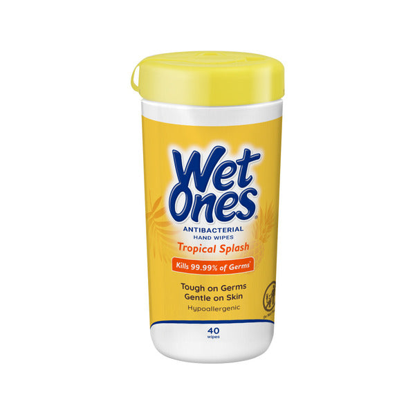 Antibacterial hand wipes canister with yellow tropical splash design, 40 ct