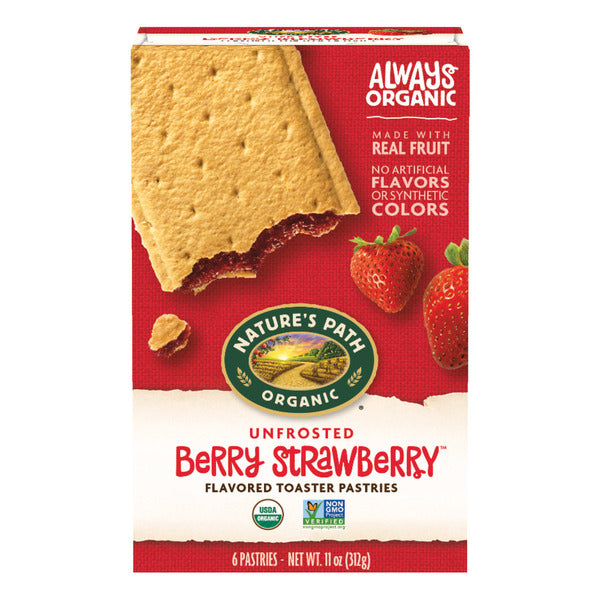 Unfrosted berry strawberry toaster pastries box, red with tan pastry pieces