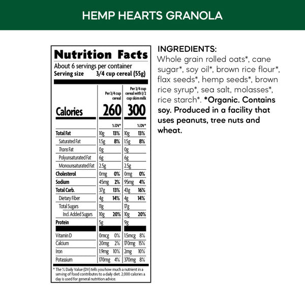 Hemp hearts granola nutrition facts and ingredient list panel