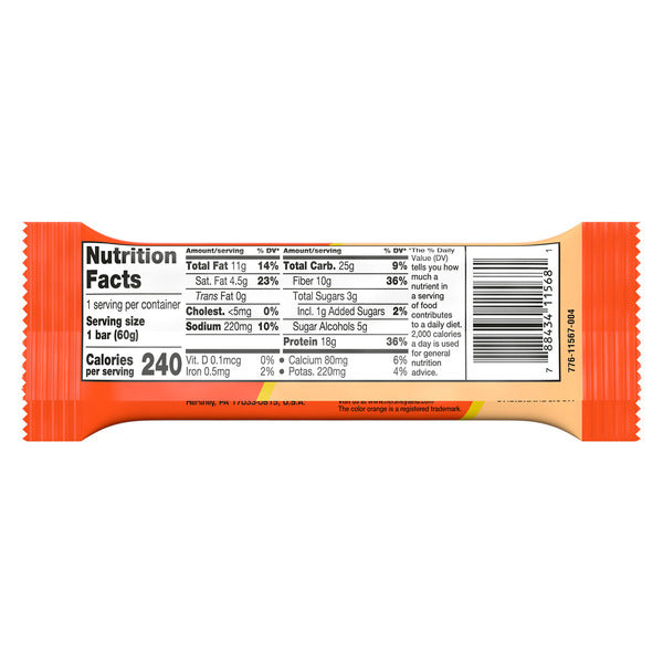 Protein bar wrapper back with Nutrition Facts panel and barcode
