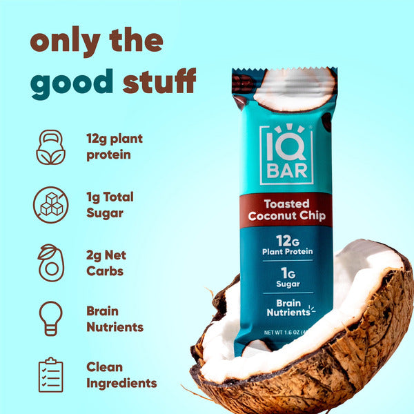 Teal protein bar package for toasted coconut chip with 12g plant protein and 1g sugar