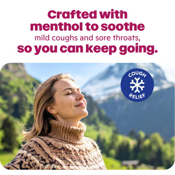 Menthol cough relief graphic with snowflake icon and 'keep going' text